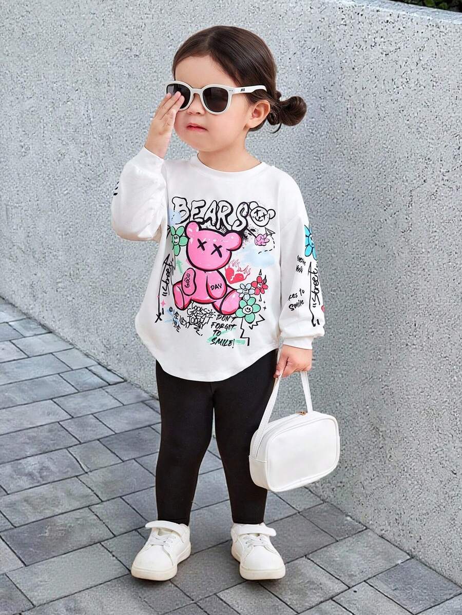 嬰兒女孩休閒可愛塗鴉印花長袖上衣和彈性腰褲套裝 - 黑與白 - 查看 1