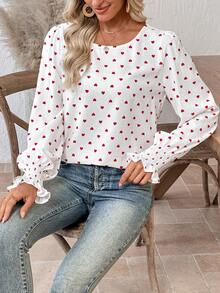 EMERY ROSE 女士纯色圆领泡泡袖衬衫 春夏上衣，情人节长袖可爱上衣，夏季长袖上衣，灯笼袖爱心印花衬衫 - 白色 - 查看 5