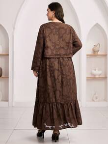 Veilorie 大码女式春秋季休闲度假风纯色提花V领系带喇叭袖上衣和半裙阿拉伯套装 - 摩卡棕 - 查看 3