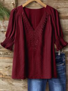 Linhara Áo cánh vải lanh pha trộn phong cách Bohemian cỡ lớn, tay áo 3/4, cổ bèo nhún, thanh lịch, thường ngày - Đỏ - Xem 3