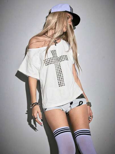 ROMWE Grunge Punk Tricou versatil cu croială lejeră, croială lejeră, culoare solidă, Y2K punk, cu nituri încrucișate, design croit cu laser