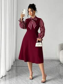 Elenzga Váy xòe eo kẻ sọc dài tay thanh lịch cỡ lớn dành cho nữ, thích hợp cho các buổi đi chơi mùa thu/đông - Màu Đỏ Sâu - Xem 3