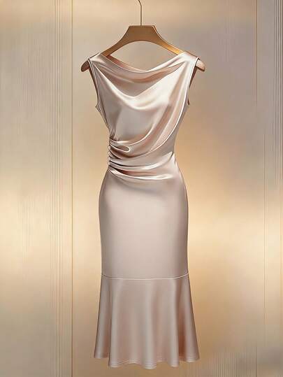 Franclia French-Style Refined Romance, Knitted, Cowl Neck, Sleeveless, Pleated Waist, Fishtail Hem, High-End Champagne-Colored Satin Satin Women's Dress, Elegant Satin Dress, Women's Wedding Guest Dress, Bridesmaid Dress, Elegant Party Dress, Valentine's Day Date Dress, Valentine's Day Outfit, New Spring And Autumn Women's Dress, New Women's Dress.