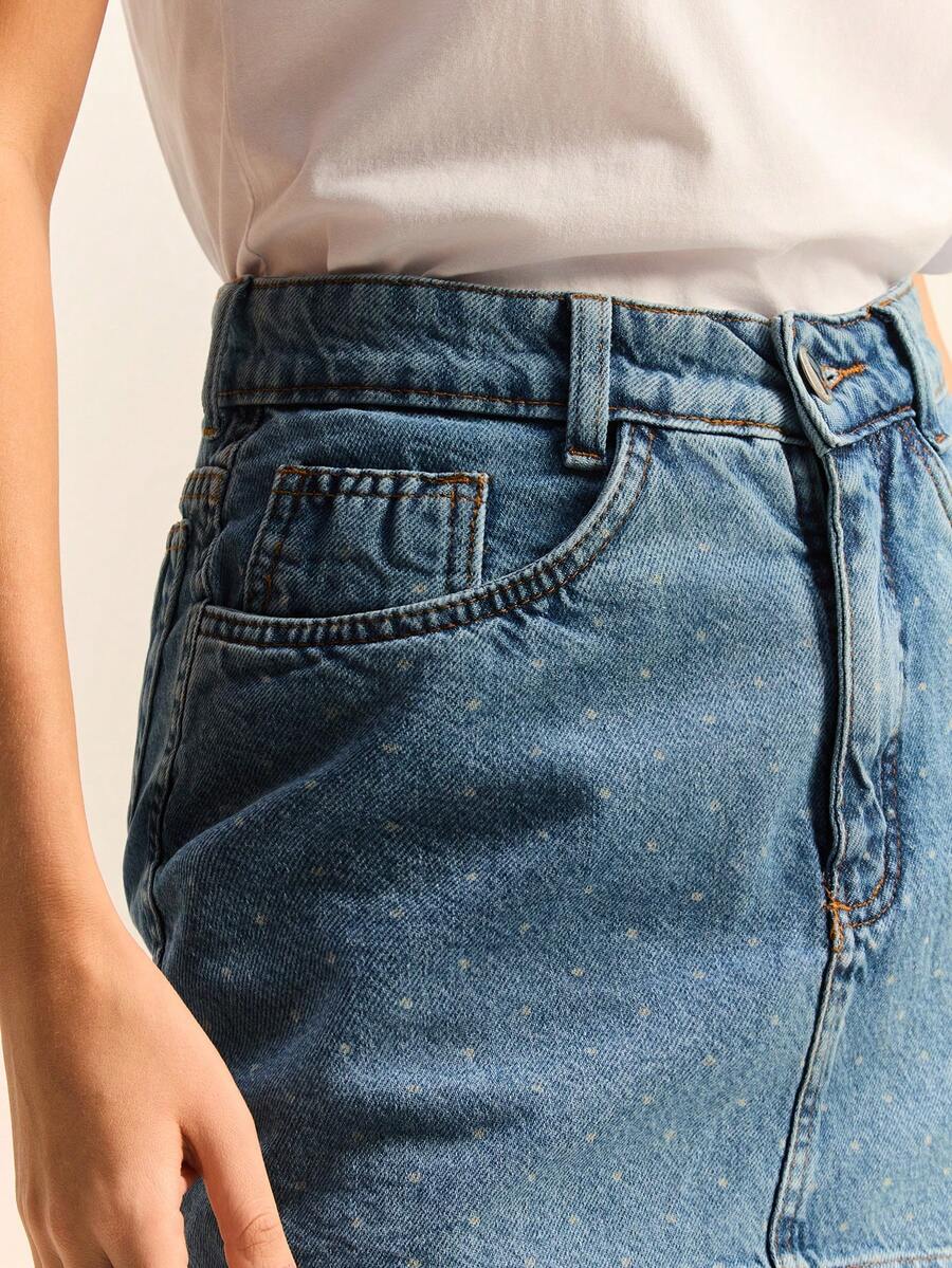 Daynim Chân váy denim bạc màu in họa tiết chấm bi - Rửa tối - Xem 1