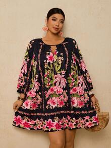 Travachic 大码女式黑米色复古印花连衣裙，七分袖复古印花连衣裙，秋季连衣裙，大码碎花连衣裙，波西米亚风连衣裙，大码束腰连衣裙，刺绣连衣裙，大码休闲连衣裙，碎花连衣裙，黑色连衣裙，情人节女装 - 黑色 - 查看 1