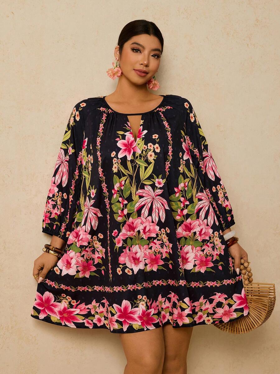 Travachic 大码女式黑米色复古印花连衣裙，七分袖复古印花连衣裙，秋季连衣裙，大码碎花连衣裙，波西米亚风连衣裙，大码束腰连衣裙，刺绣连衣裙，大码休闲连衣裙，碎花连衣裙，黑色连衣裙，情人节女装 - 黑色 - 查看 1