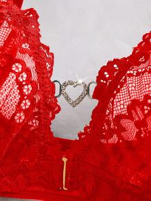 2件套女士蕾丝前扣无钢圈性感文胸和内裤内衣套装新娘 - 紅色 - 查看 5