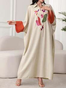 SHEIN Najma CURVE 大码优雅领蝙蝠袖撞色刺绣袖口连衣裙 - 彩色 - 查看 6