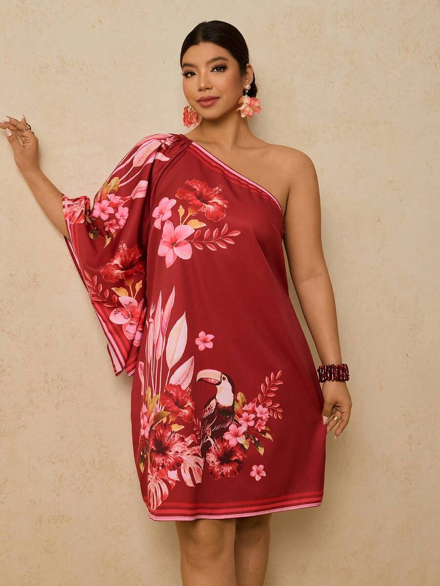 Travachic 大码女式红色碎花连衣裙，休闲不对称肩部碎花短裙，浪漫春季约会旅行连衣裙 - 紅色 - 查看 1