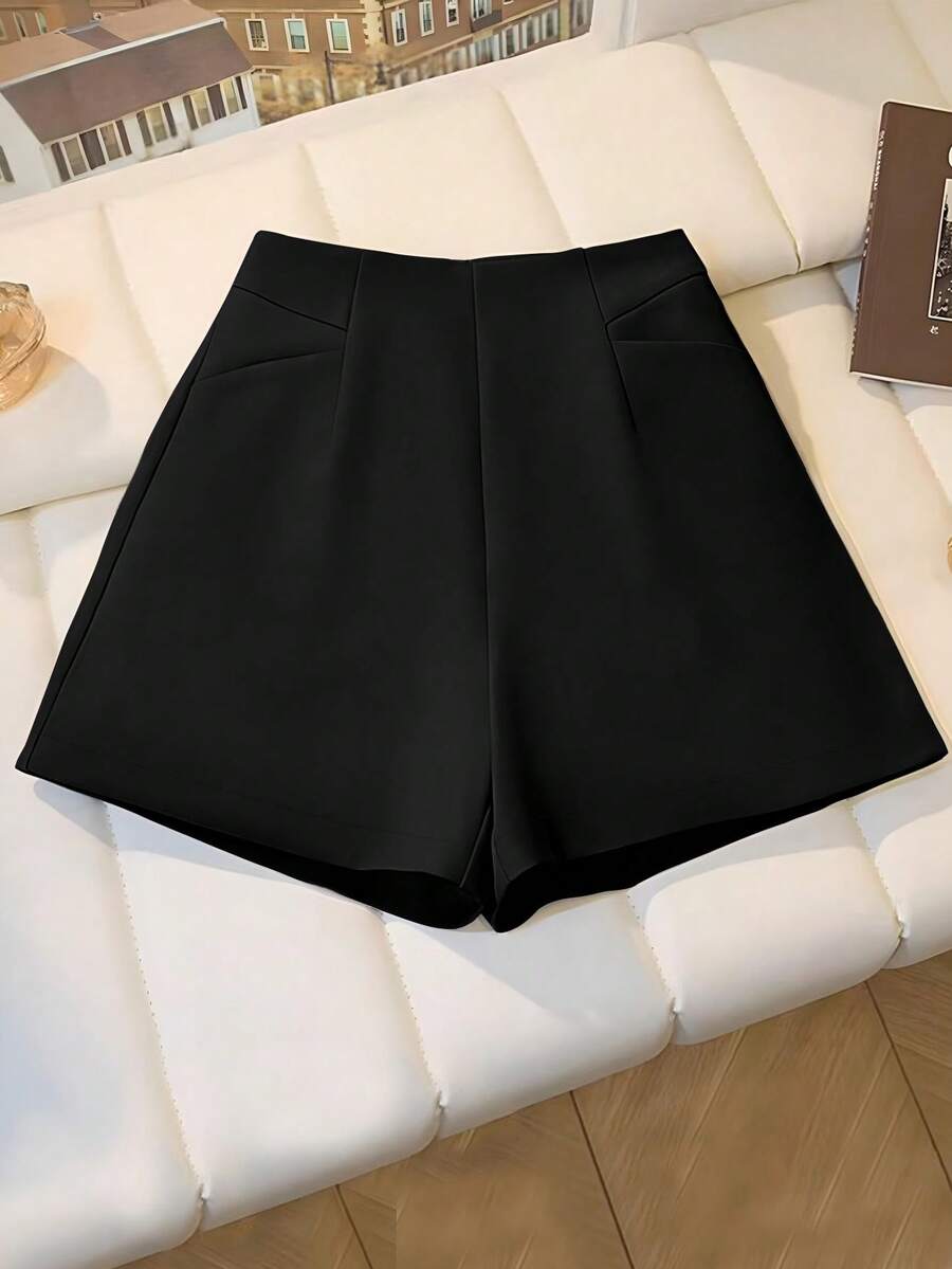 Franclia Commuting Fashionable Versatile A-Line Pleated Hem Elegant Women Shorts - Black - View 1