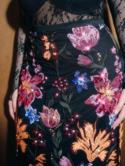 Anewsta Elegant Fashionable Beaded Embroidery Plus Size Women's Midi Skirt, Festival