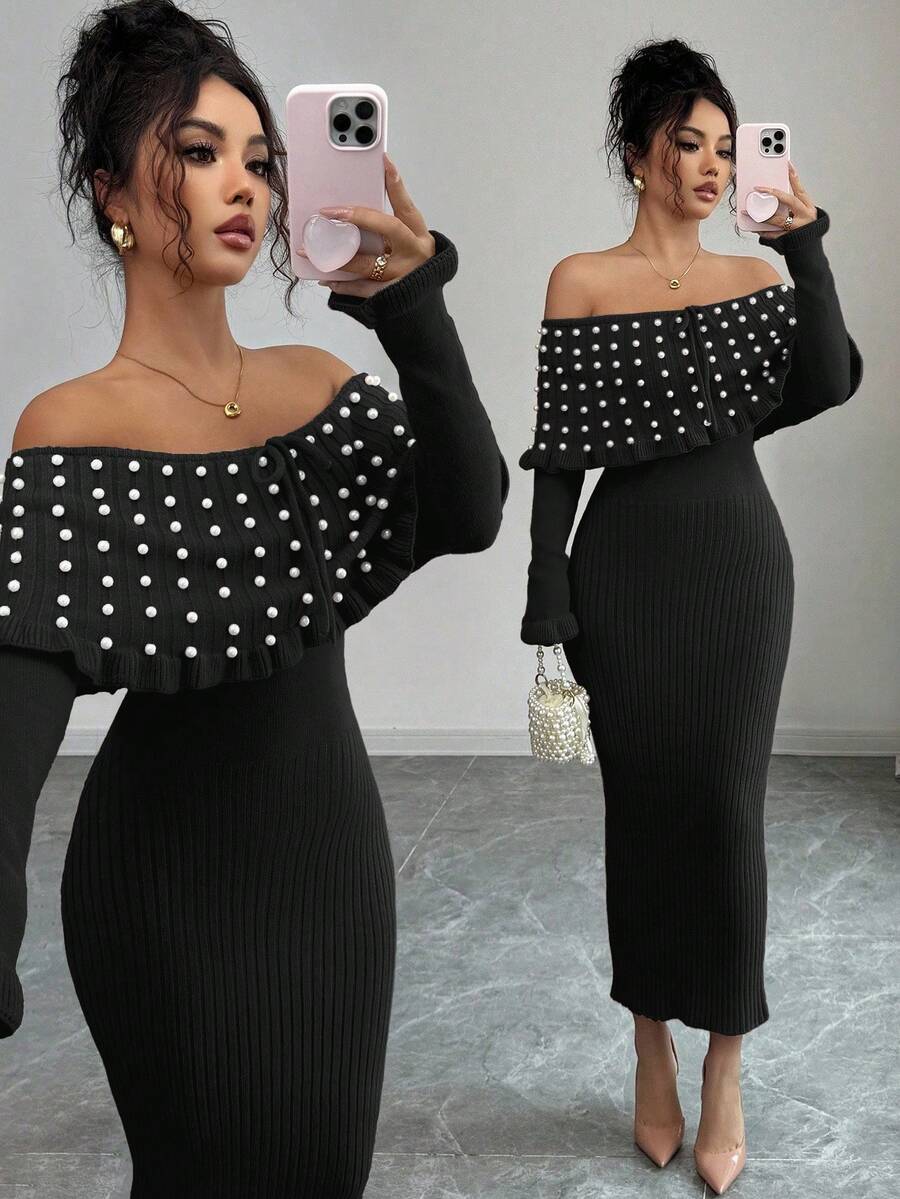 Rafferiza Váy len trễ vai co giãn dài tay màu trơn thắt nơ cho nữ, Váy len trễ vai ve lớn đính ngọc trai thanh lịch kiểu Pháp, Váy maxi dệt kim thu/đông, Váy len trở lại trường, Lễ hội âm nhạc, Giáng sinh, Váy tiên, Váy dự tiệc cưới mùa thu - màu đen - Xem 1