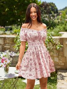 KARISMINA 女士优雅度假风印花浪漫粉色连衣裙，弹性腰身设计，百搭实用，适合春夏穿着 - 粉色 - 查看 5