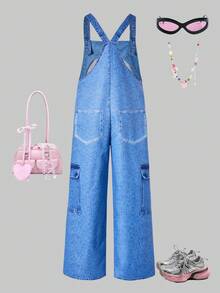 SHEIN ChillGRL 少女印花铆钉装饰宽松背带裤 - 彩色 - 查看 2