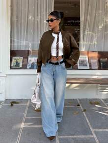 Muchica Damska kurtka casualowa na co dzień, w jednolitym kolorze, z kieszeniami na zamek, jesienna - Kawowy brązowy - Zobacz 5