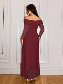 Modelyn 大码女式白色网纱露肩褶皱腰身优雅婚礼/场合连衣裙 - 酒紅色 - 查看 3