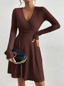 SHEIN Tall CURVE Plus Size Solid Color Deep V-Neck Crossed Wrap Ribbed Long Sleeve Dress New Years Women Outfit - Brown - View 6