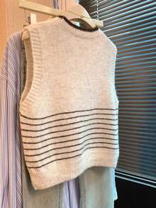 SHEIN Franclia New Casual Loose Minimalist Striped Contrast Color Women Sweater Vest Pullover, Autumn/Winter - Apricot - View 2