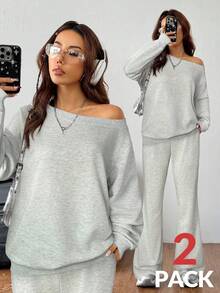 SHEIN EZwear Bộ đồ tập luyện hai mảnh, áo len dệt kim trơn màu xám rộng thùng thình trễ vai cổ bất đối xứng tay dài và quần ống loe cho nữ mùa xuân/hè - Màu Xám nhạt - Xem 5