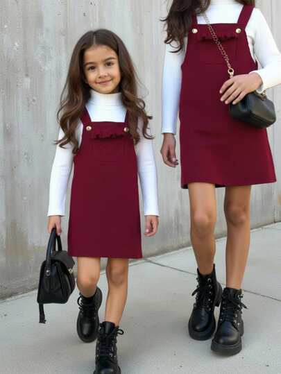 Young Girl Elastic Collar Tee + Adorable Corduroy Pinafore Dress Set, Suitable For Casual Everyday Wear, Girls Autumn Clothes With Ruffle Pocket Detail, Suitable For Autumn/Winter Infant & Toddler Dresses, Christmas Dress, Christmas Outfit, Christmas Gift Burgundy Toddler Dress Girls Overall Dress Girls Fall Uniform Clothes Girl Clothes Autumn And Winter Clothes Autumn And Winter Young Girls Dressse