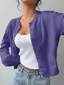 SHEIN BASICS Áo khoác cardigan dáng rộng màu trơn cổ tròn tay dài màu đen cho nữ, áo đi học vào mùa thu/đông - Màu tím - Xem 6