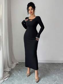 Modelyn Women's Elegant Hollow-Out Ribbed Knit Dress With Pearl Decor, Winter - Black - View 4