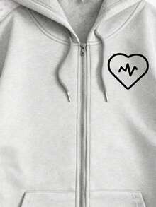 Sudadera con capucha de cierre completo color rojo vino con estampado de corazón y línea de latido cardíaco para uso casual y deportivo - Gris - Ver 2