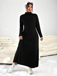 SHEIN EZwear Plus Size Solid Color Ribbed Knit Turtleneck Sweater Dress - Black - View 9