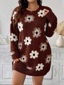 EMERY ROSE Plus Size Women Floral Jacquard Crew Neck Long Sleeve Casual Knit Dress - Brown - View 5
