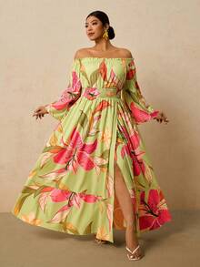 Travachic Robe longue à manches longues et imprimé floral vert pour femmes grandes tailles, robe longue à épaules dénudées avec taille cintrée et fente avant en forme de ligne A, robe romantique pour un rendez-vous au début du printemps - Vert - Voir 4