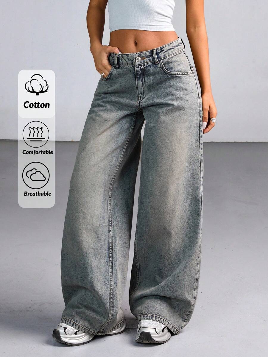 CasuGlow Quần jeans ống rộng cạp thấp giặt mài phong cách vintage casual đồ đi làm cho nữ, set đồ mùa hè nữ, outfit mùa hè nữ, quần jeans nữ size lớn, quần áo nữ Y2K, quần dài nữ, quần áo mùa hè nữ - Rửa trung bình - Xem 1
