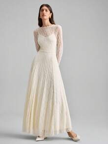 Ontre Đầm dài tay cổ tròn chất liệu jacquard thanh lịch dành cho nữ, màu trắng ren xòe, thích hợp cho các buổi tiệc, mã sản phẩm 2026SS. - Màu be - Xem 4