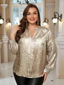 EMERY ROSE Plus Size Notched Collar Sequin Patchwork Elegant Long Sleeve Shirt/Fall/Winter - Gold - View 3