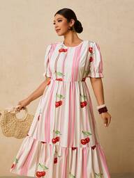 Travachic Plus Size Women's Pink Striped Round Neck Short Sleeve Dress, Romantic Loose Fit Casual Dress For Early Spring Summer Outfit For Women Beach Outfits For Women Vacation Outfits Women Holiday Dresses For Women Resort Wear Women Casual Dresses For Women Vestido Listrado Pink Dress