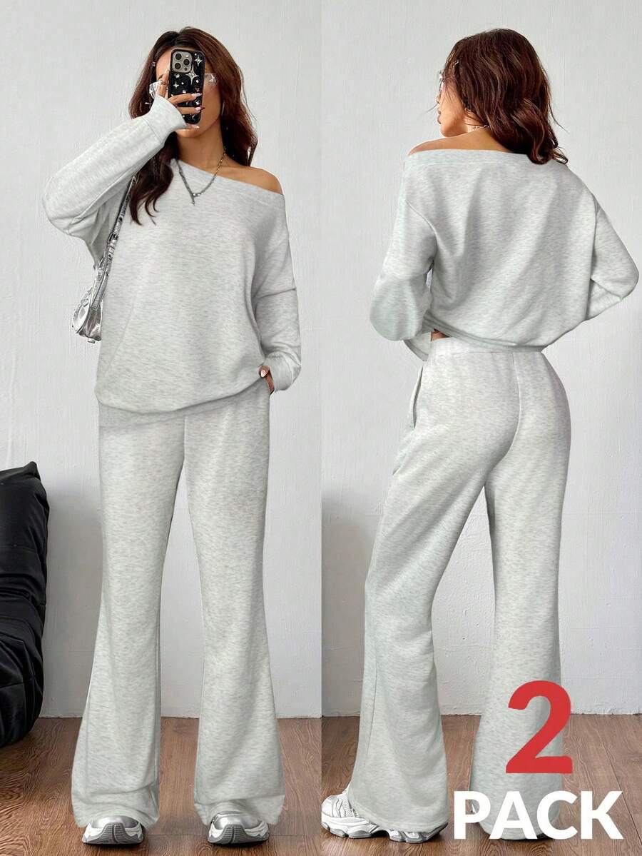 SHEIN EZwear Bộ đồ tập luyện hai mảnh, áo len dệt kim trơn màu xám rộng thùng thình trễ vai cổ bất đối xứng tay dài và quần ống loe cho nữ mùa xuân/hè - Màu Xám nhạt - Xem 1