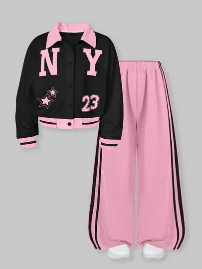 SHEIN ChillGRL HYPEME 少女休闲舒适字母印花纽扣领棒球夹克，条纹阔腿裤两件套，秋冬款