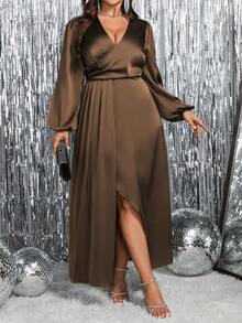 Roveilla Women's Coffee Brown Plus Size A Line Long Slit Dress With V Neck Bishop Sleeve And Wrap Detail Fall - Coffee Brown - View 6