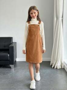 SHEIN NovaGlow Tween Girl Tween Girls Solid Pocket Patched Overall Dress Without Sweater - Khaki - View 3