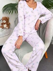 Pijama conjunto dos piezas dama mujer estampado mariposas print escote v botones decorativos manga tres cuartos elástico blusa casual pantalón capri bajo fruncido suave descanso diario fresco primavera verano - Lila Púrpura - Ver 2