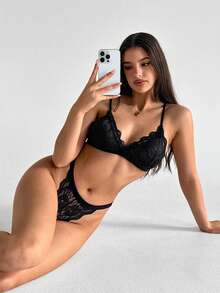 Aloruh 3-Piece Set. Elegant Lace For Ladies. Black And White. 3/4 Cup Size. Boneless Lace Decorative Thin Shoulder Strap Bra And Panties For Women. Sexy Lingerie Set - Multicolor - View 9