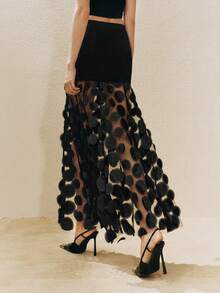 Revavyn 女士高腰A字裙，采用弹力针织面料，网纱拼接，刺绣和大波点设计，优雅约会之选 - 黑色 - 查看 4