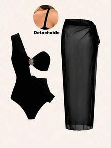 Swim Chiccia Đồ bơi liền thân 3 mảnh khóa kim loại màu nâu thanh lịch cỡ lớn, có thể mặc riêng với trang phục khác, thích hợp cho tiệc tùng và ngày lễ - màu đen - Xem 4