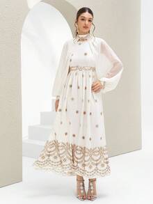 Al Najma Women's Contrast Color Printed Long Sleeve Arabic Style Dress  Arabic-Style Long Kaftan Robe, Arabic Women's Dress, Turkish Dress, Abaya Robe, Traditional Women's Dress Arabic Style Long Dress Kaftan Jalabiya Dress Arabic Dress For Women Turkish Dress Abaya Dress Abaya For Women Summer Dress   White Dresses For Women - Beige - View 3