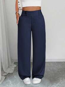 SHEIN PETITE CURVE Plus Size Women High Waist Pockets Straight Loose Casual Pants Fall - Navy Blue - View 5
