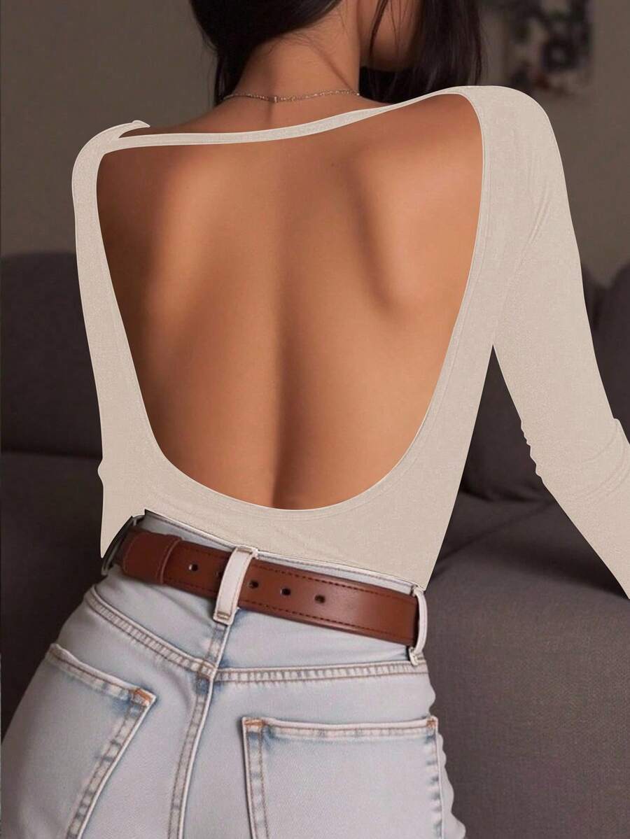 INAWLY Camiseta ajustada de manga larga y espalda descubierta de unicolor y diseño minimalista para mujer - Albaricoque - Ver 1