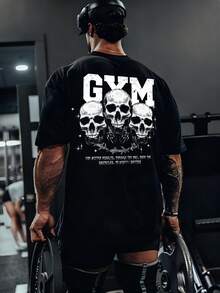 GymBeat 男士休闲字母和骷髅印花短袖运动T恤，夏季万圣节派对 - 黑色 - 查看 1