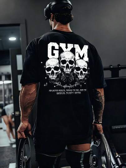 Manfinity Sport PWRUP Camiseta deportiva de manga corta con estampado de letras y calavera, casual para hombre, fiesta de verano de Halloween