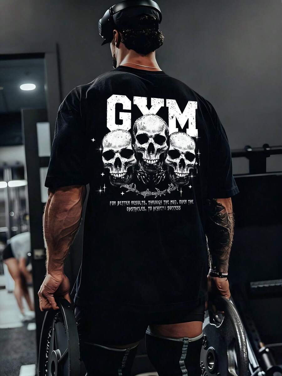 GymBeat 男士休闲字母和骷髅印花短袖运动T恤，夏季万圣节派对 - 黑色 - 查看 1