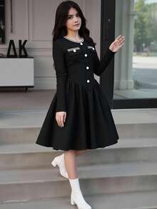 SHEIN 少女优雅缎带饰边长袖连衣裙，冬季优雅连衣裙 - 黑色 - 查看 1