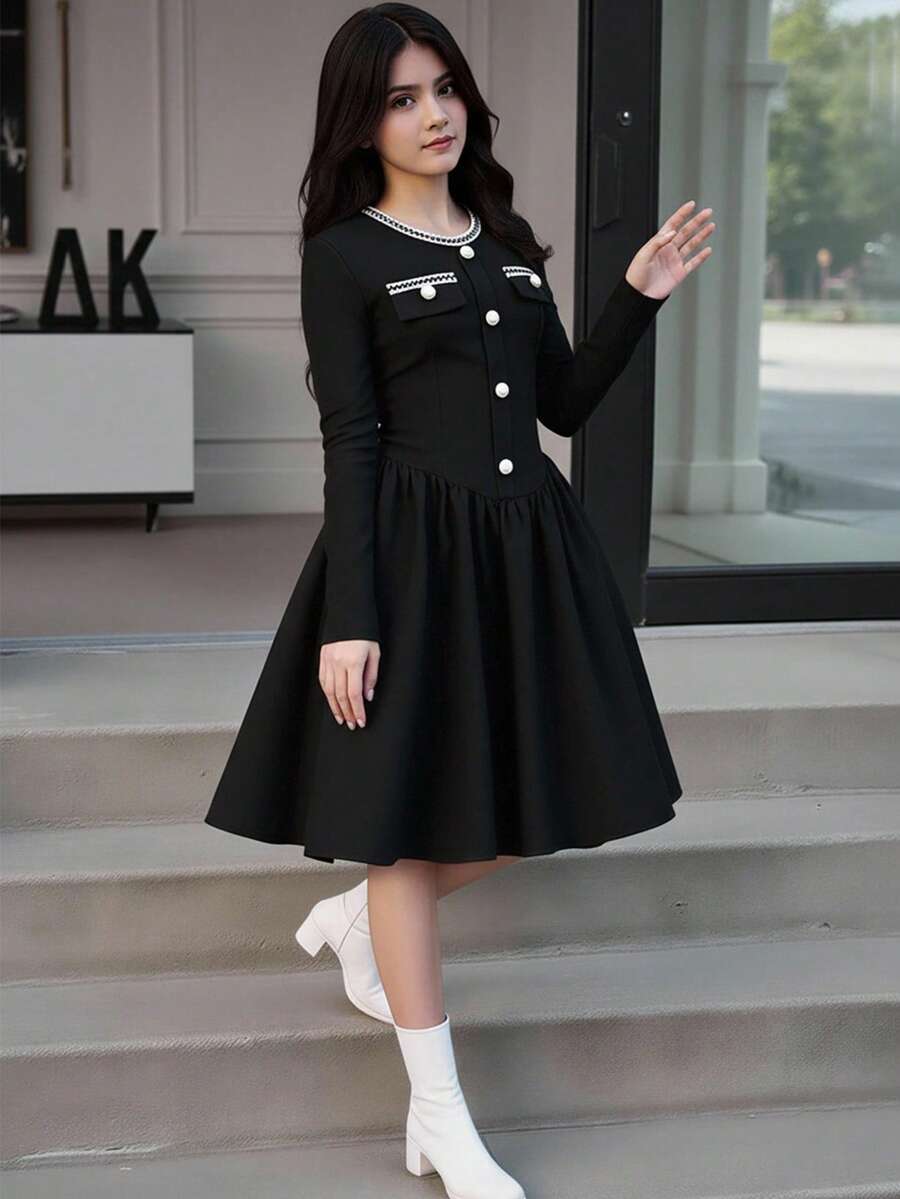 SHEIN 少女优雅缎带饰边长袖连衣裙，冬季优雅连衣裙 - 黑色 - 查看 1